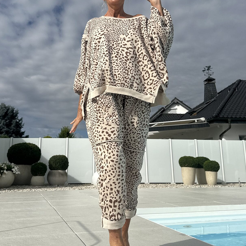 Dames set van 2-delige top en broek met luipaardprint