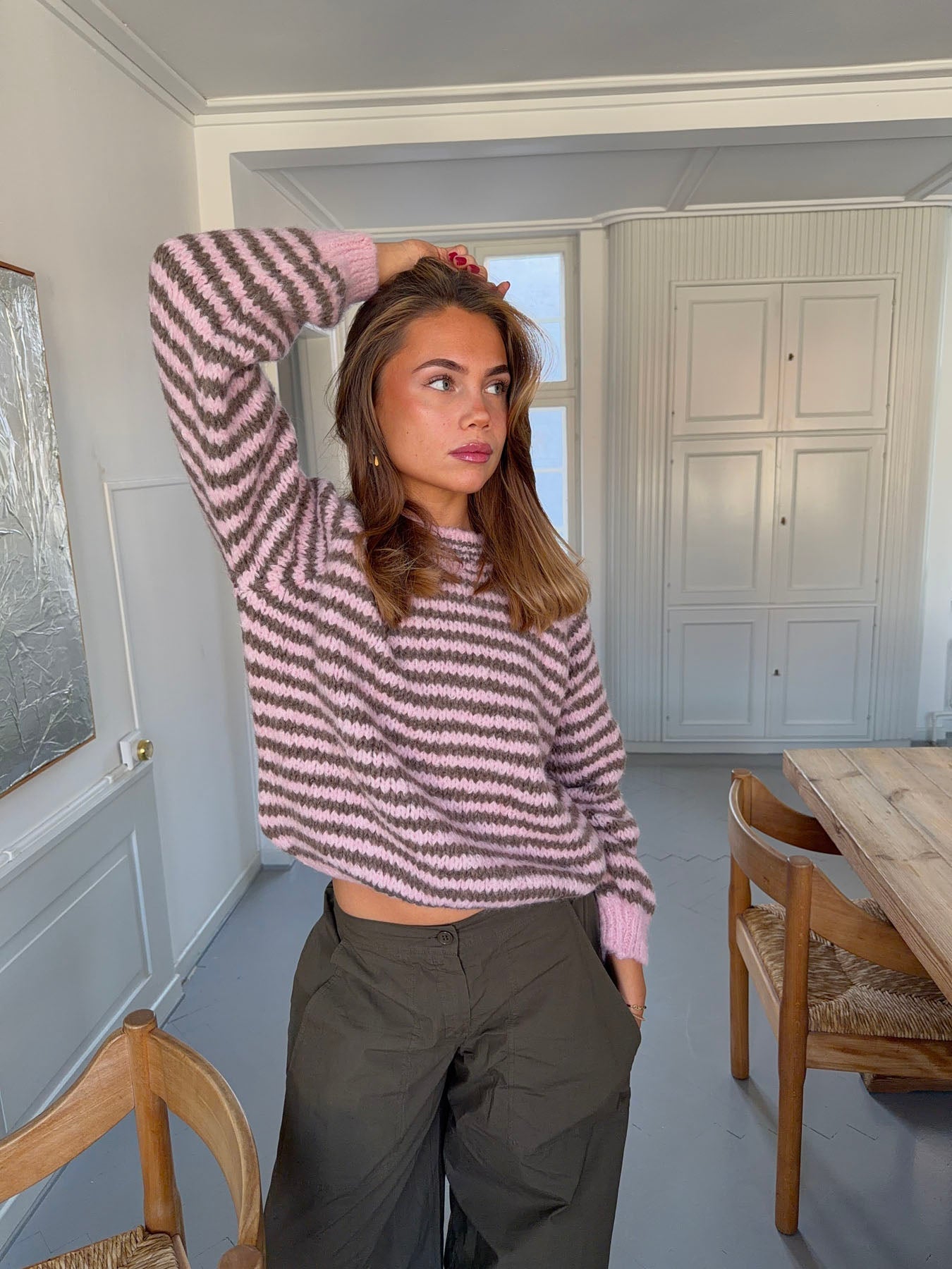Zeya knit with stripes - Baby pink/taupe